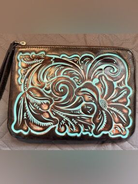 Patricia Nash Tooled Leather Wristlet Clutch Brown Turquoise Embossed Floral EUC